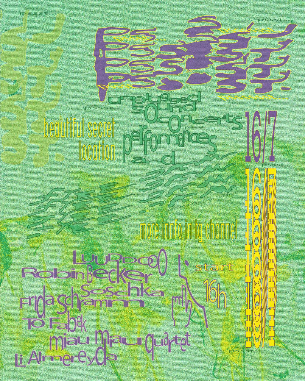 a green grainy poster wit the artists name in distorted purple letters