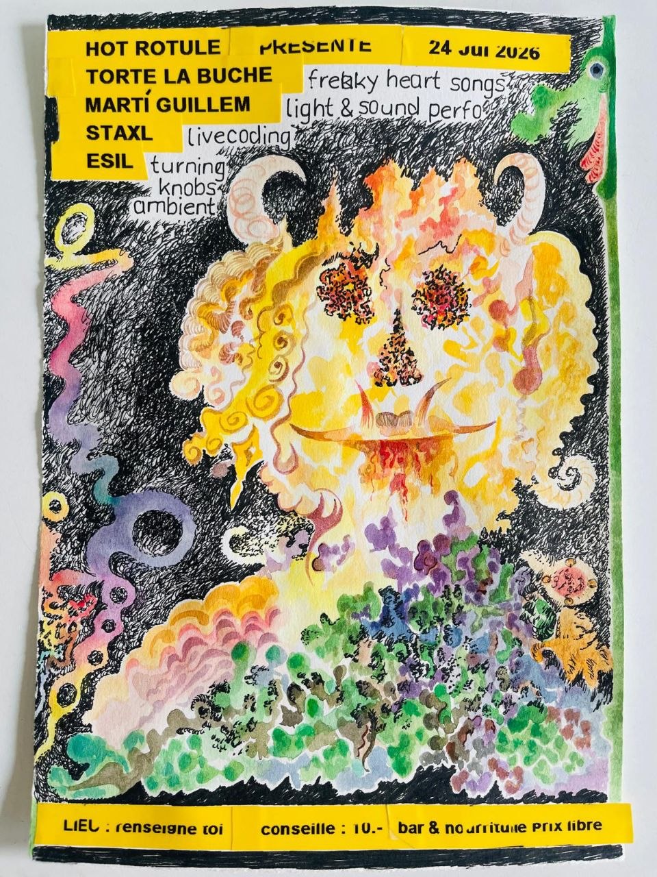 primarily rounded abstract shapes in rainbow colors some of which form something face-like and the details about the Geneva show written around it