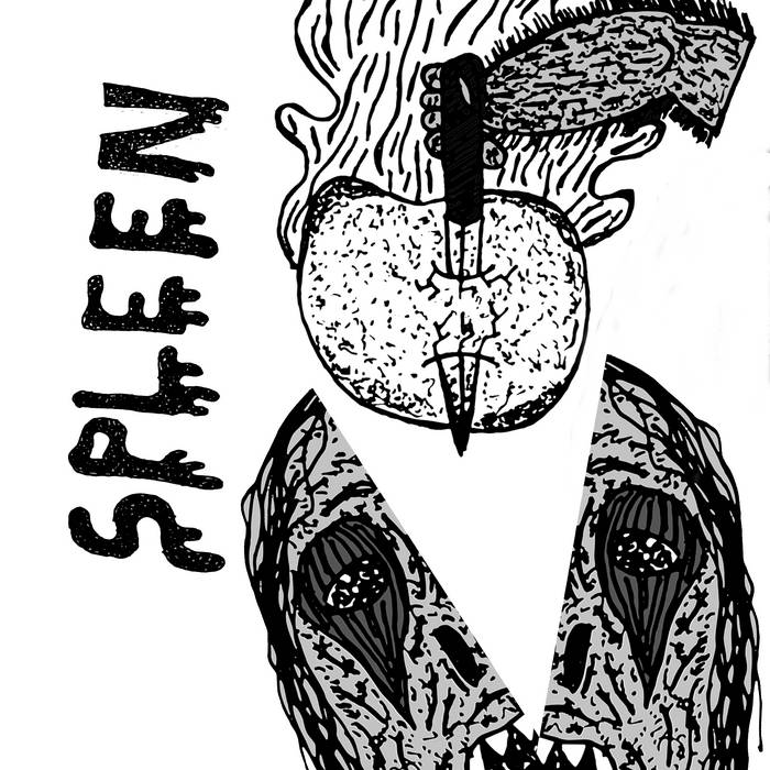 b/w sketch of knife-pierced spleen and a split head
